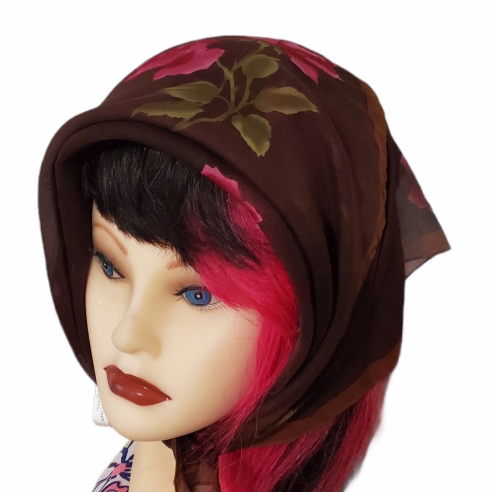 Worthington 20" Sheer Brown Scarf with Pink Roses Floral Head Wrap